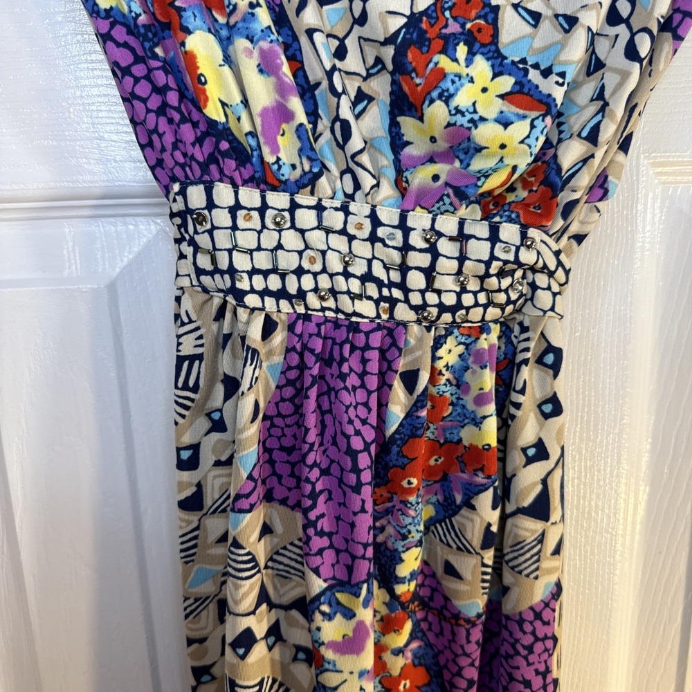 ECI New‎ York Size 10 Multi-Color Striped Sleeveless Sheath Dress Beaded - Picture 3 of 15